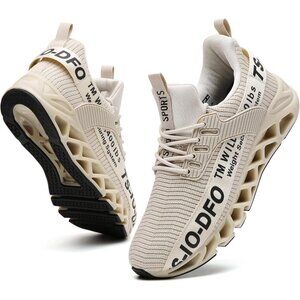 Women's Lace Up Walking Running Non Slip Beige Athletic Sneakers Shoes